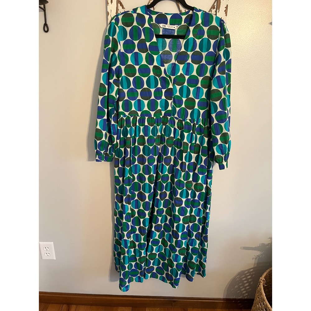 ZARA Smocked V-Neck Maxi Midi Blue Green Geometric Dress Size Large